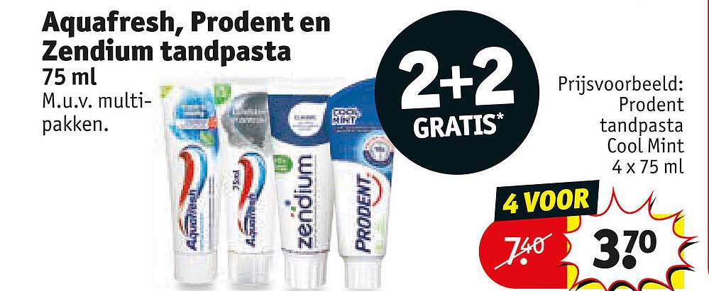 Aquafresh, Prodent en Zendium tandpasta 75 ml 2+2 GRATIS*