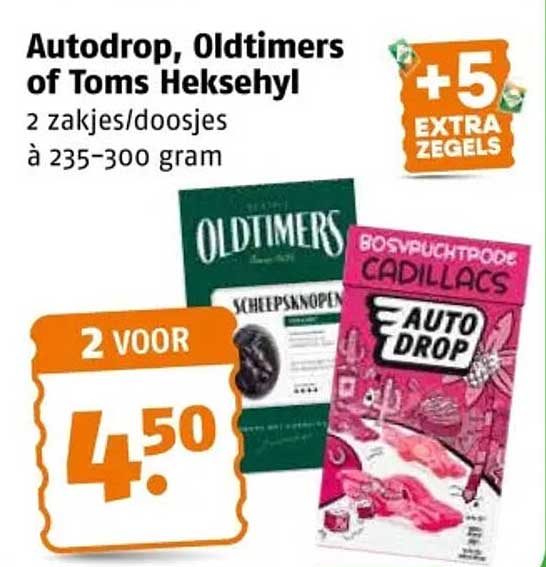 Autodrop, Oldtimers of Toms Heksehyl 2 zakjes/doosjes à 235-300 gram 2 voor 4.50 +5 extra zegels