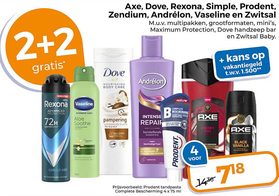 Axe. Dove. Rexona. Simple. Prodent. Zendium, Andrélon, Vaseline en Zwitsal 2+2 gratis