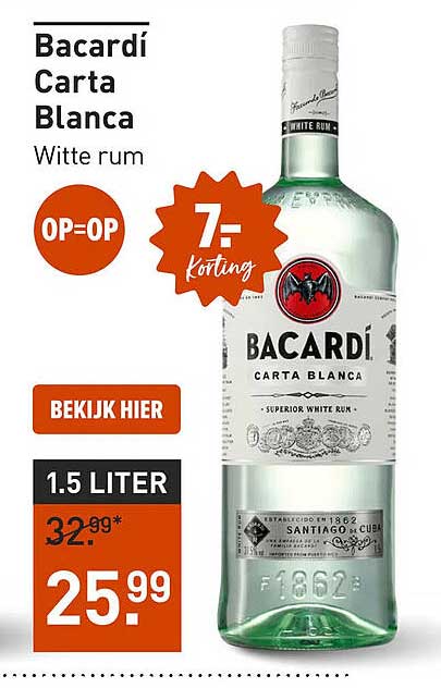 Bacardi Carta Blanca White rum 7,- korting