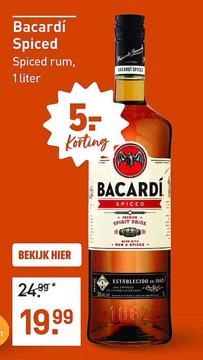 Bacardí Spiced Spiced rum, 1 liter 5,- korting