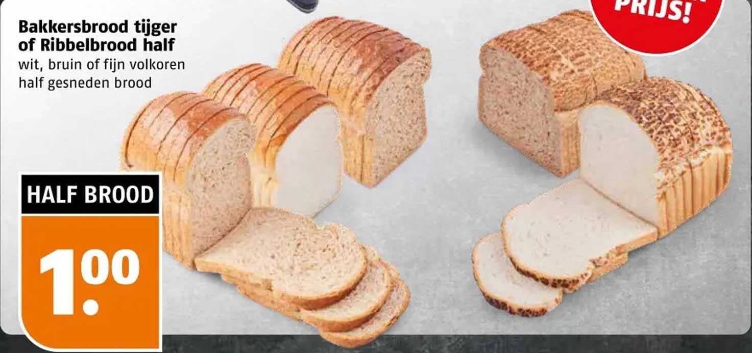 Bakkersbrood tijger of Ribbelbrood half wit, bruin of fijn volkoren half gesneden brood