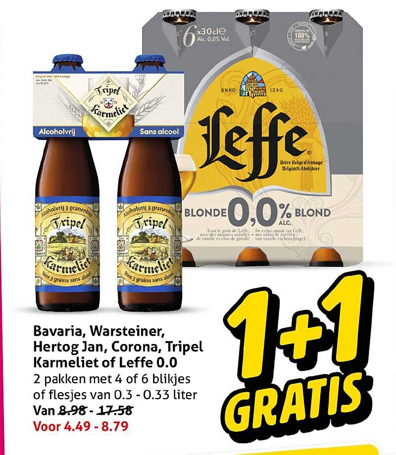 Bavaria, Warsteiner, Hertog Jan, Corona, Tripel Karmeliet of Leffe 0.0 1+1 GRATIS