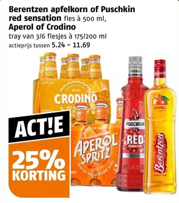 Berentzen appelkorn of Puschkin red sensation fles à 500 ml, Aperol of Crodino tray van 3/6 flesjes à 175/200 ml - 25% korting