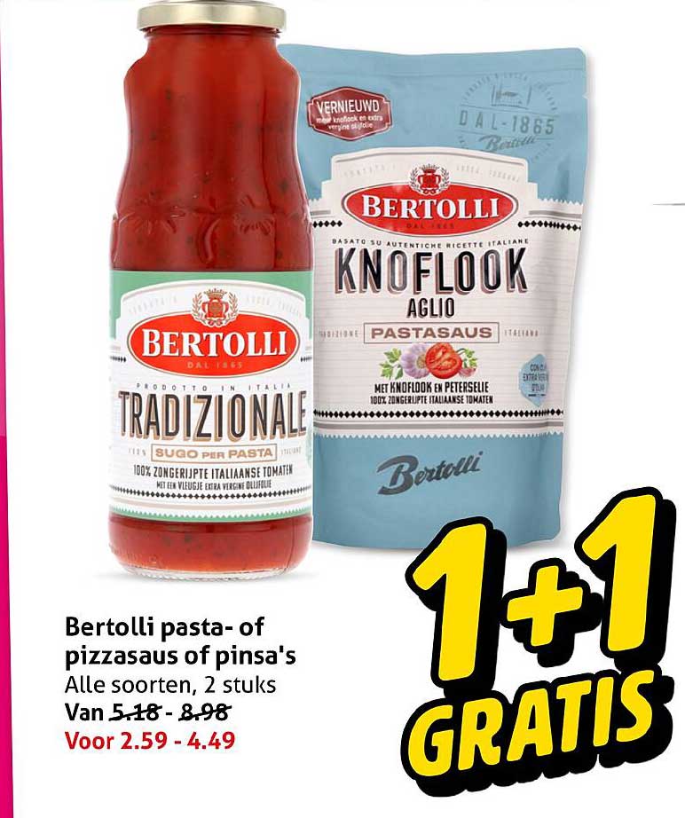 Bertolli pasta- of pizzasaus of pinsa's Alle soorten, 2 stuks 1+1 gratis