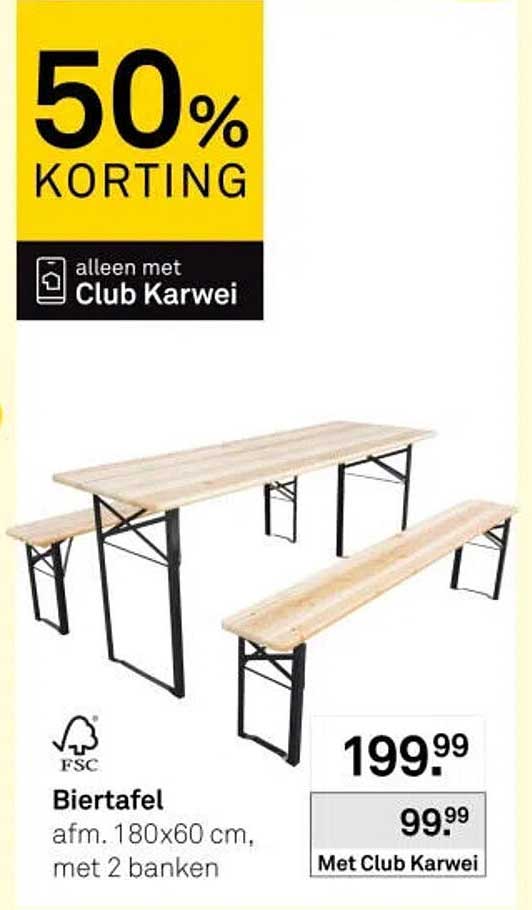 Biertafel afm. 180x60 cm, met 2 banken 50% KORTING alleen met Club Karwei