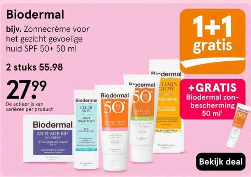 Biodermal bijv. Zonnecrème voor het gezicht gevoelige huid SPF 50+ 50 ml 1+1 gratis