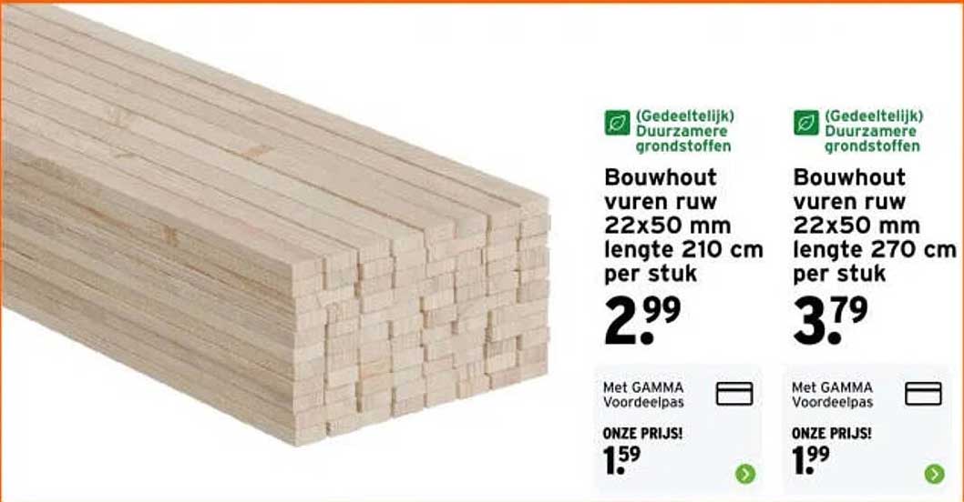 Bouwhout vuren ruw 22x50 mm lengte 210 cm per stuk