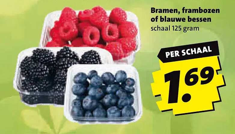 Bramen, frambozen of blauwe bessen schaal 125 gram