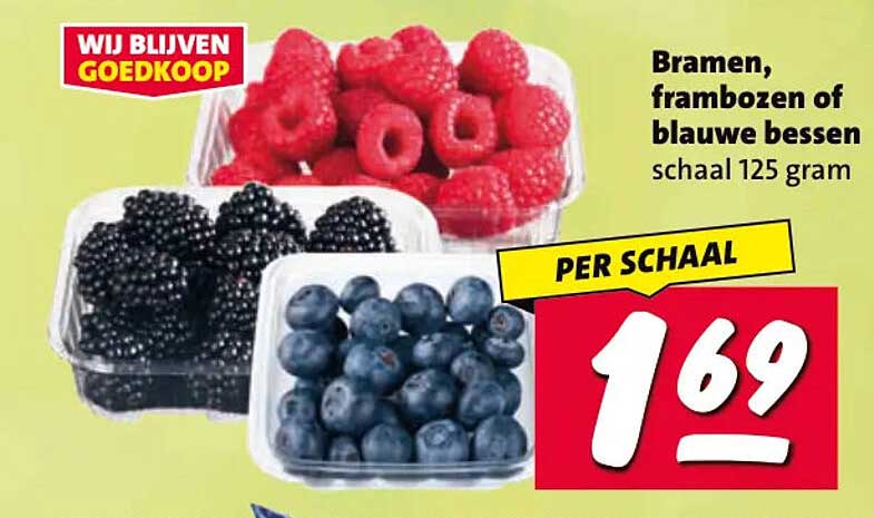 Bramen, frambozen of blauwe bessen schaal 125 gram PER SCHAAL