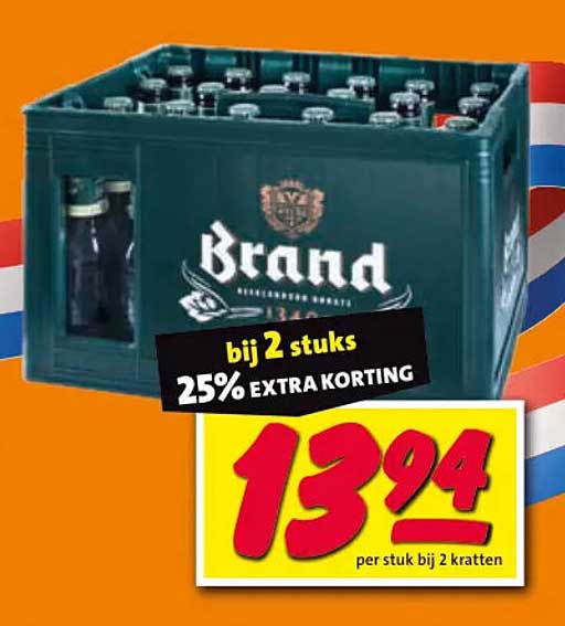 Brand bier 2 kratten bij 2 stuks 25% extra korting
