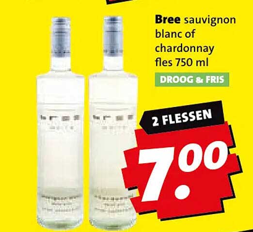Bree sauvignon blanc of chardonnay fles 750 ml DROOG & FRIS 2 FLESSEN