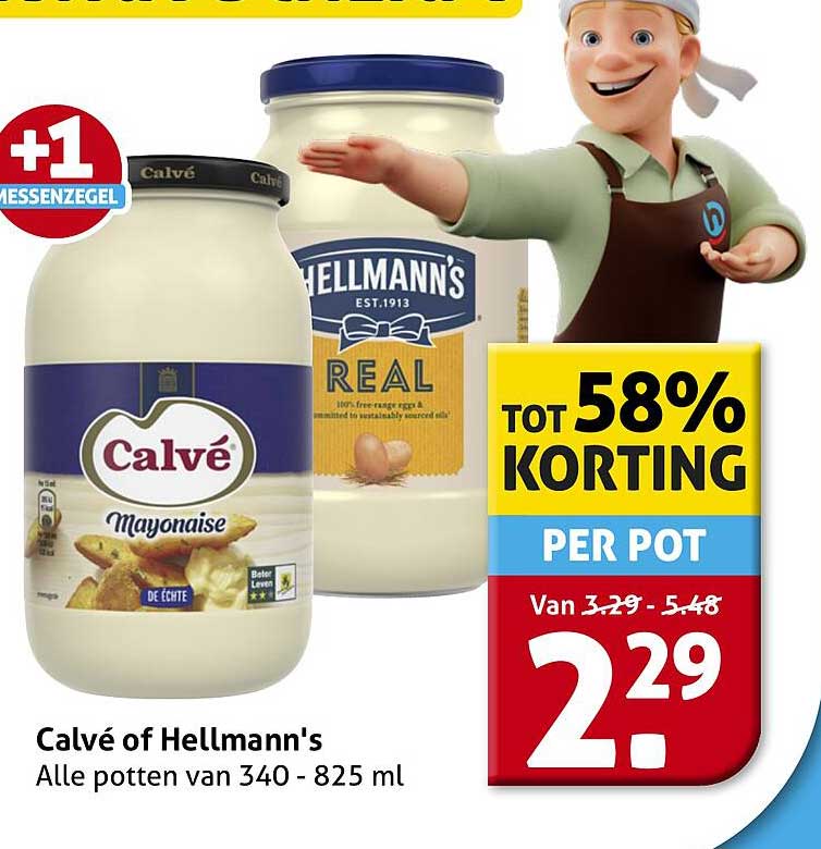 Calvé of Hellmann's Alle potten van 340 - 825 ml +1 messenzegel