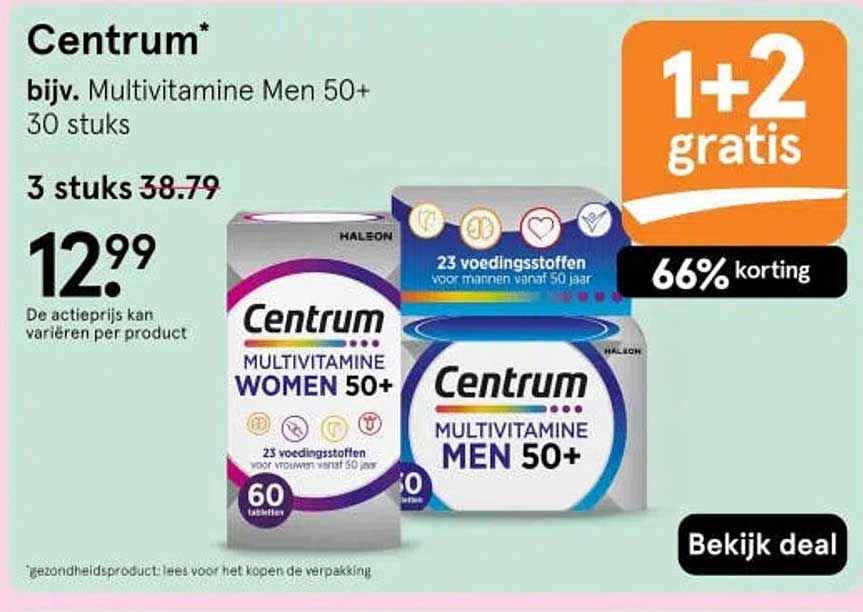 Centrum* bijv. Multivitamine Men 50+ 30 stuks 1+2 gratis