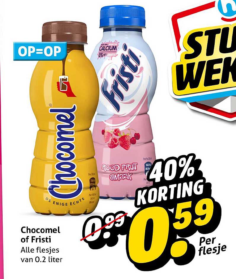 Chocomel of Fristi Alle flesjes van 0.2 liter 40% korting