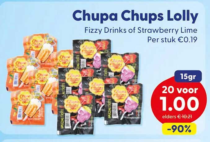 Chupa Chups Lolly Fizzy Drinks of Strawberry Lime Per stuk €0.19 15gr 20 voor 1.00 -90%