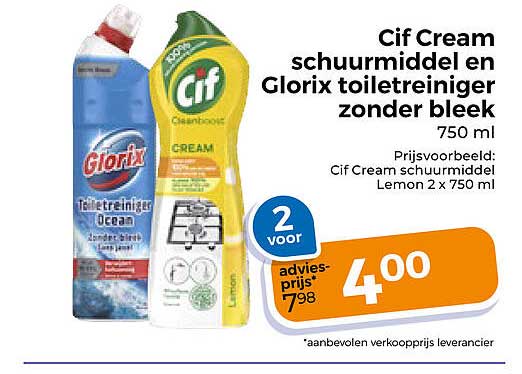 Cif Cream schuurmiddel en Glorix toiletreiniger zonder bleek 750 ml