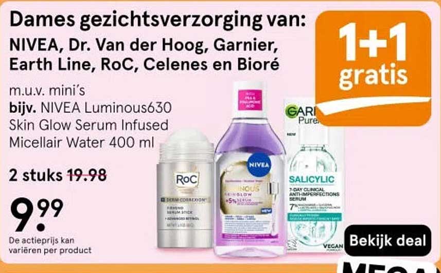 Dames gezichtsverzorging van: NIVEA, Dr. Van der Hoog, Garnier, Earth Line, RoC, Celenes en Bioryé 1+1 gratis