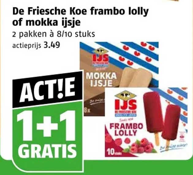 De Friesche Koe frambo lolly of mokka ijsje 1+1 GRATIS