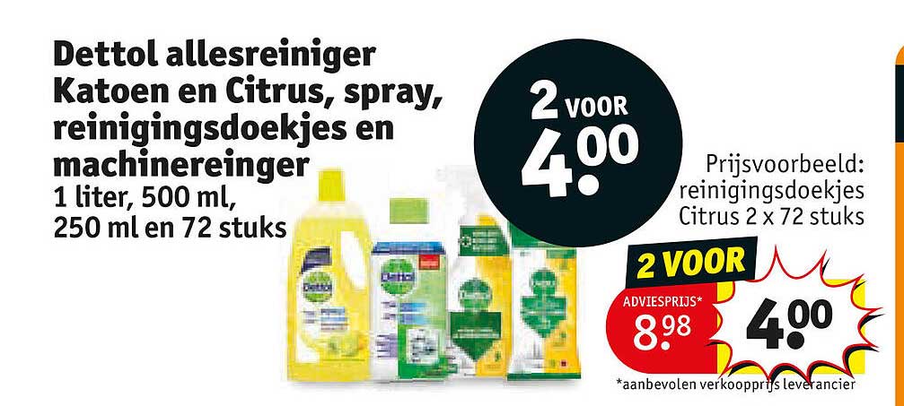 Dettol allesreiniger Katoen en Citrus, spray, reinigingsdoekjes en machinereiniger 1 liter, 500 ml, 250 ml en 72 stuks 2 VOOR 4.00