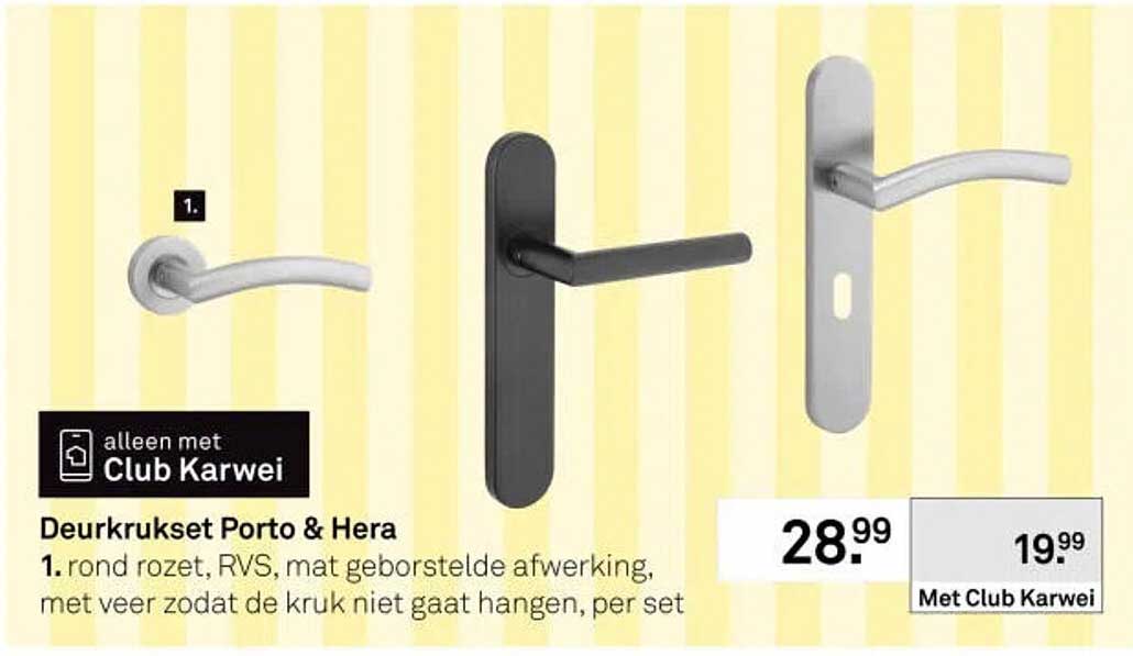 Deurkrukset Porto & Hera 1. rond rozet, RVS, mat geborstelde afwerking, met veer zodat de kruk niet gaat hangen, per set