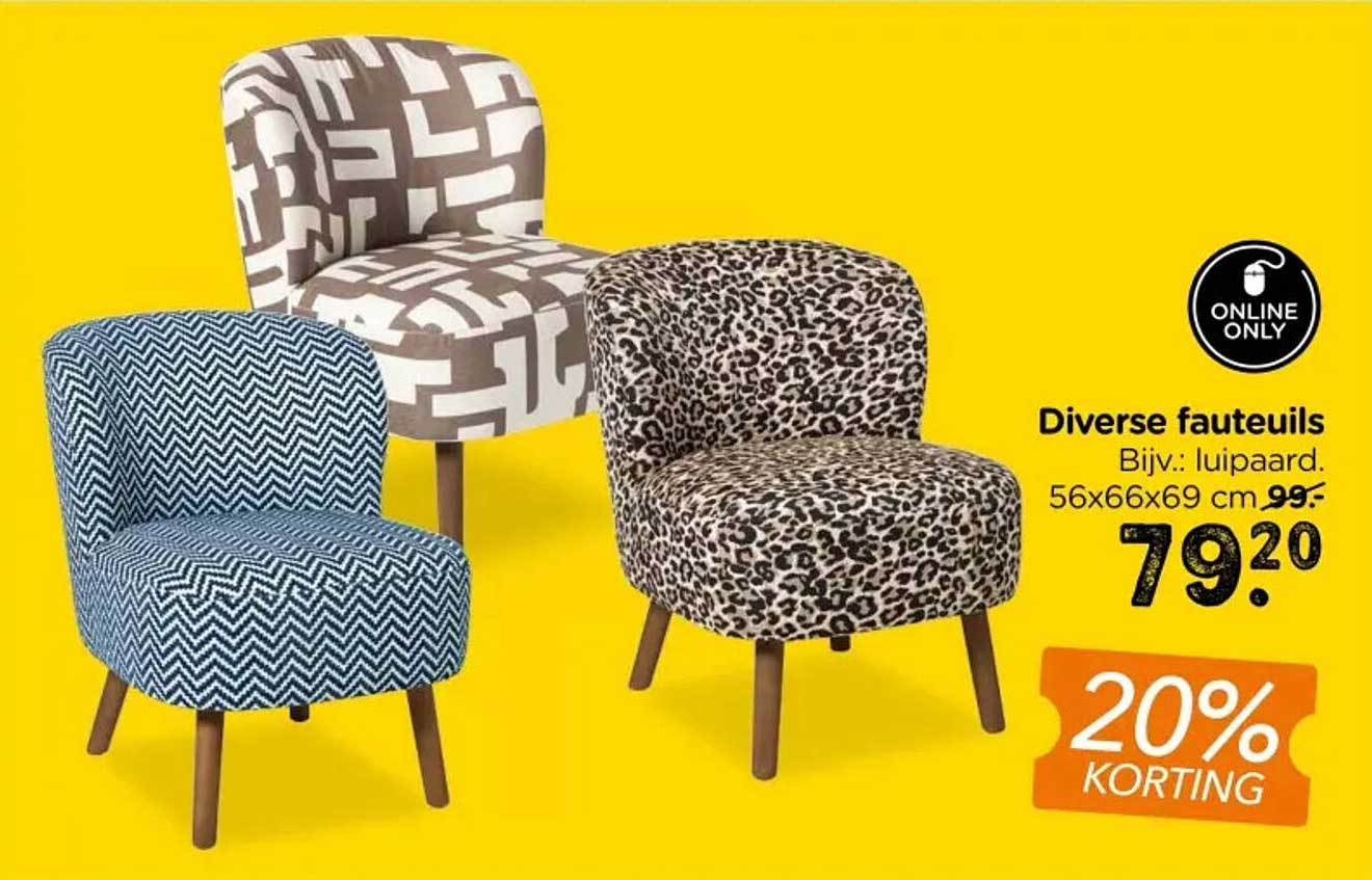 Diverse fauteuils Bijv.: luipaard. 56x66x69 cm 20% korting
