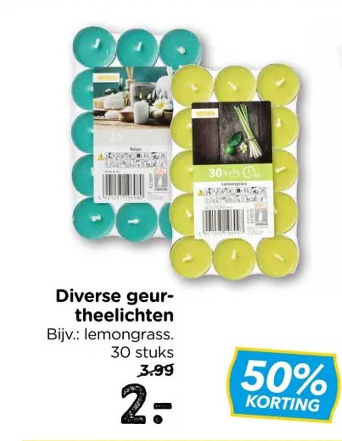 Diverse geur-theelichten Bijv.: lemongrass. 30 stuks 50% KORTING
