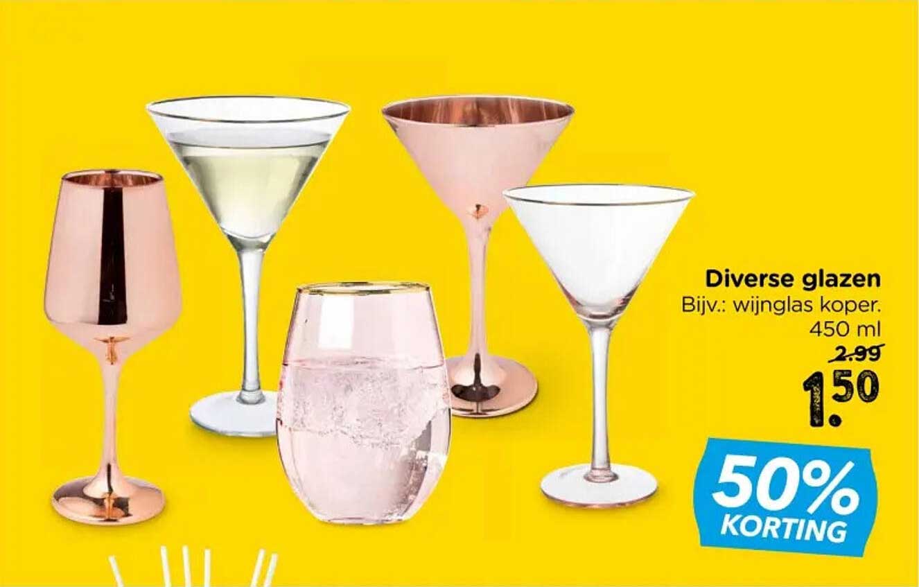 Diverse glazen Bijv.: wijnglas koper 450 ml 50% korting
