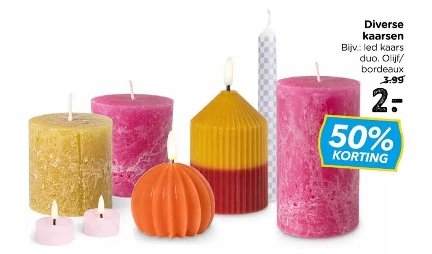 Diverse kaarsen Bijv.: led kaars duo. Olijf/bordeaux 50% KORTING