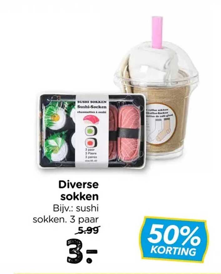 Diverse sokken Bijv.: sushi sokken. 3 paar 50% KORTING