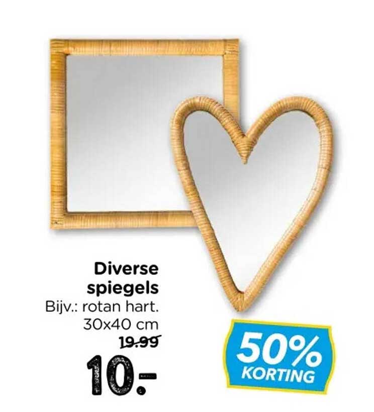 Diverse spiegels Bijv.: rotan hart. 30x40 cm 50% KORTING