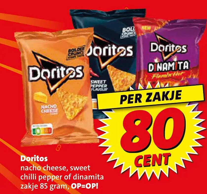 Doritos nacho cheese, sweet chilli pepper of dinamita zakje 85 gram, OP=OP!