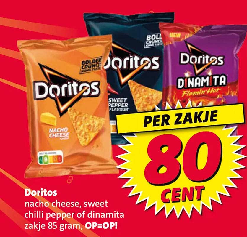 Doritos nacho cheese, sweet chilli pepper of dinimita zakje 85 gram, OP=OP! PER ZAKJE