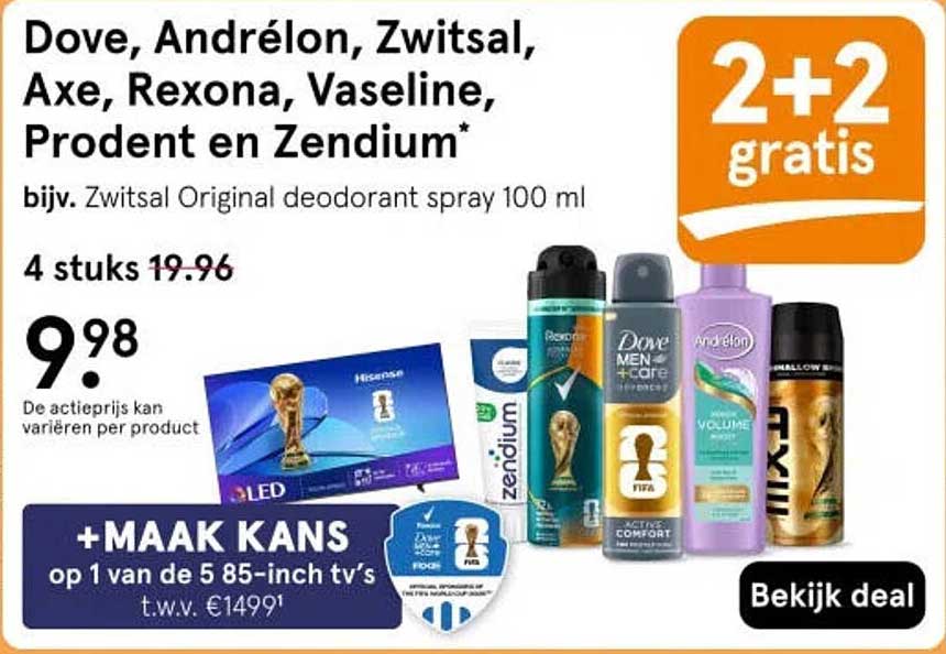 Dove, Andrélon, Zwitsal, Axe, Rexona, Vaseline, Prodent en Zendium 2+2 gratis