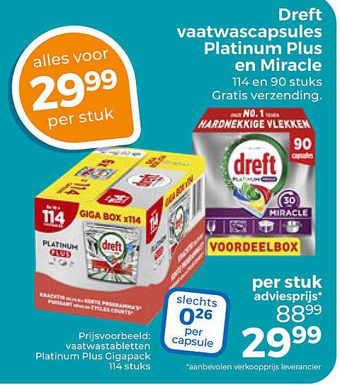Dreft vaatwascapsules Platinum Plus en Miracle 114 en 90 stuks Gratis verzending.