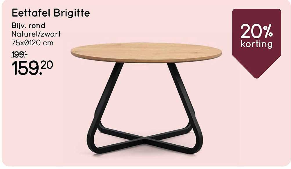 Eettafel Brigitte Bijv. rond Naturel/zwart 75xø120 cm 20% korting