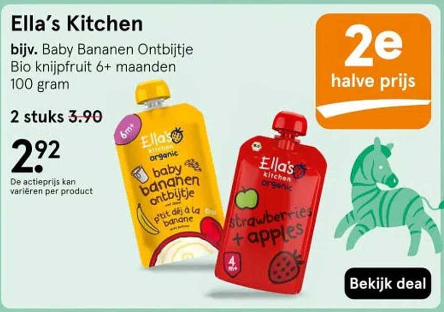 Ella's Kitchen bijv. Baby Bananen Ontbijtje Bio knijpfruit 6+ maanden 100 gram 2e halve prijs