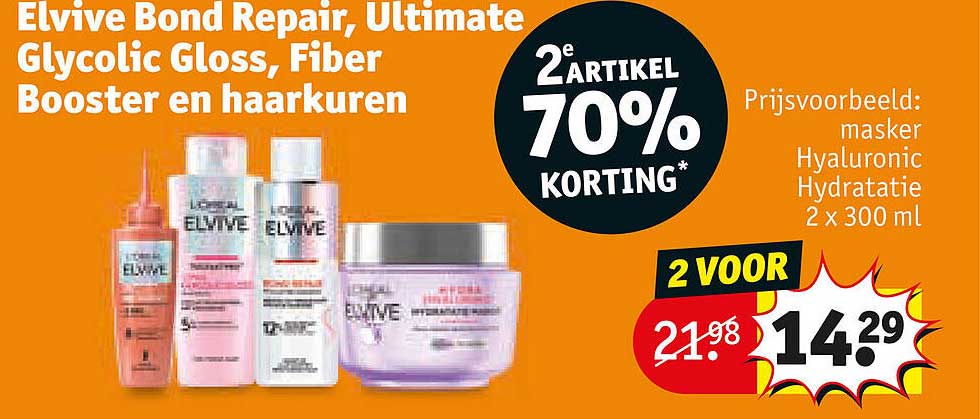 Elvive Bond Repair, Ultimate Glycolic Gloss, Fiber Booster en haarкурen 2 voor 14.29 2e artikel 70% korting