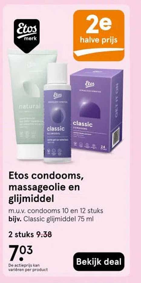 Etos condooms, massageolie en glijmiddel 2e halve prijs