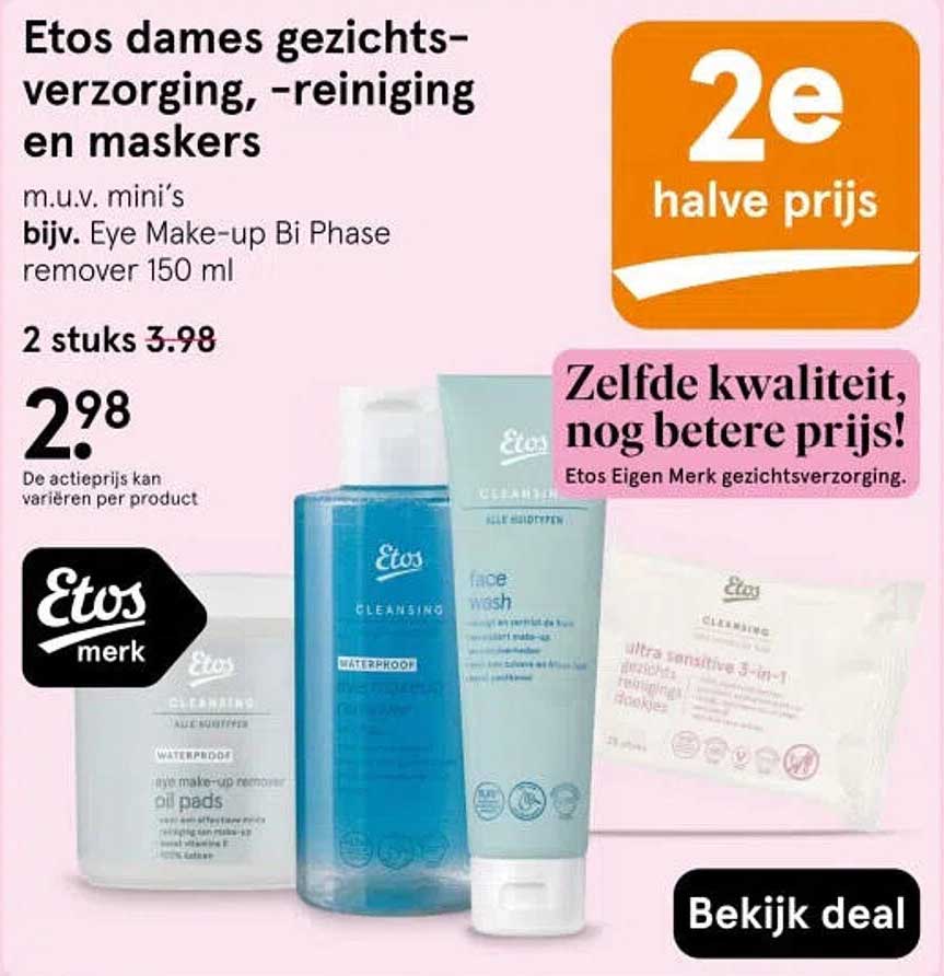 Etos dames gezichts-verzorging, -reiniging en maskers 2e halve prijs