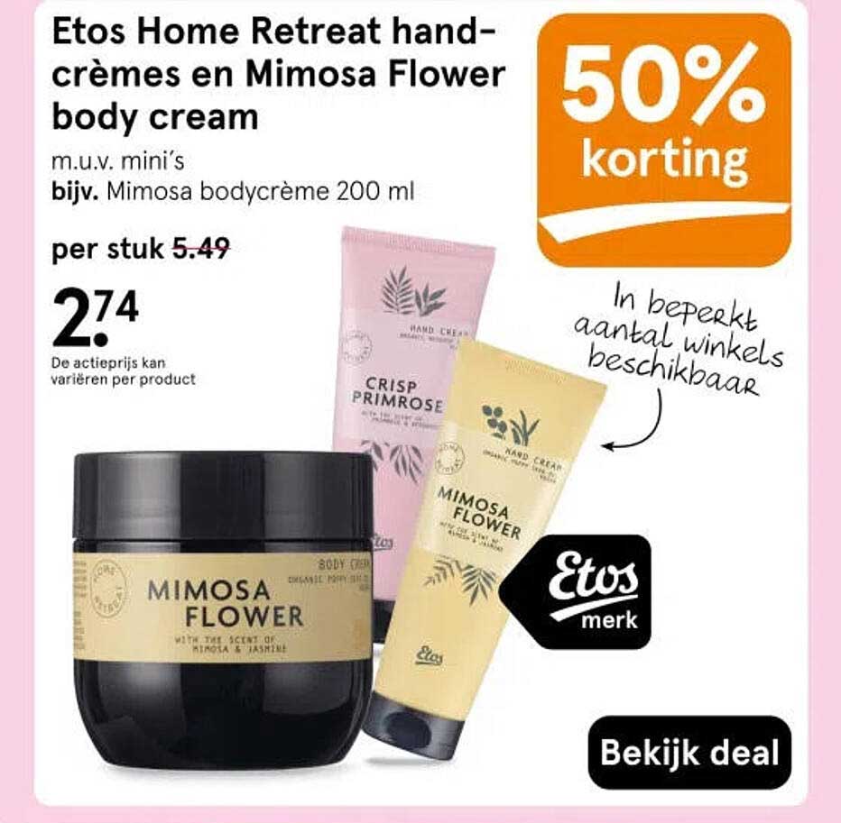 Etos Home Retreat hand-crèmes en Mimosa Flower body cream 50% korting
