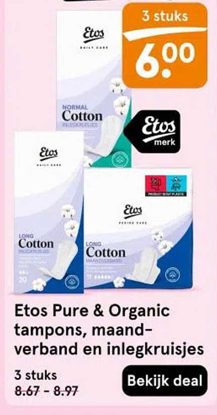 Etos Pure & Organic tampons, maandverband en inlegkruisjes 3 stuks