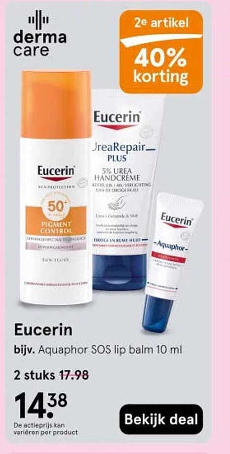 Eucerin bijv. Aquaphor SOS lip balm 10 ml 2e artikel 40% korting