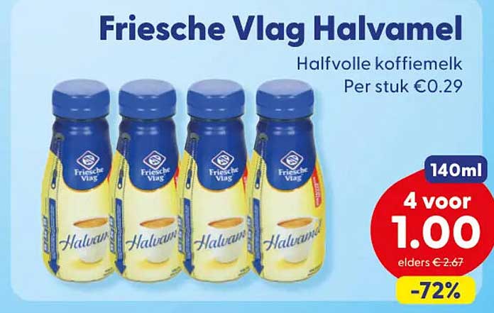 Friesche Vlag Halvamel Halfvolle koffiemelk 4 voor 1.00 -72%