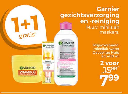 Garnier gezichtsverzorging en -reiniging M.u.v. mini's en maskers. 1+1 gratis