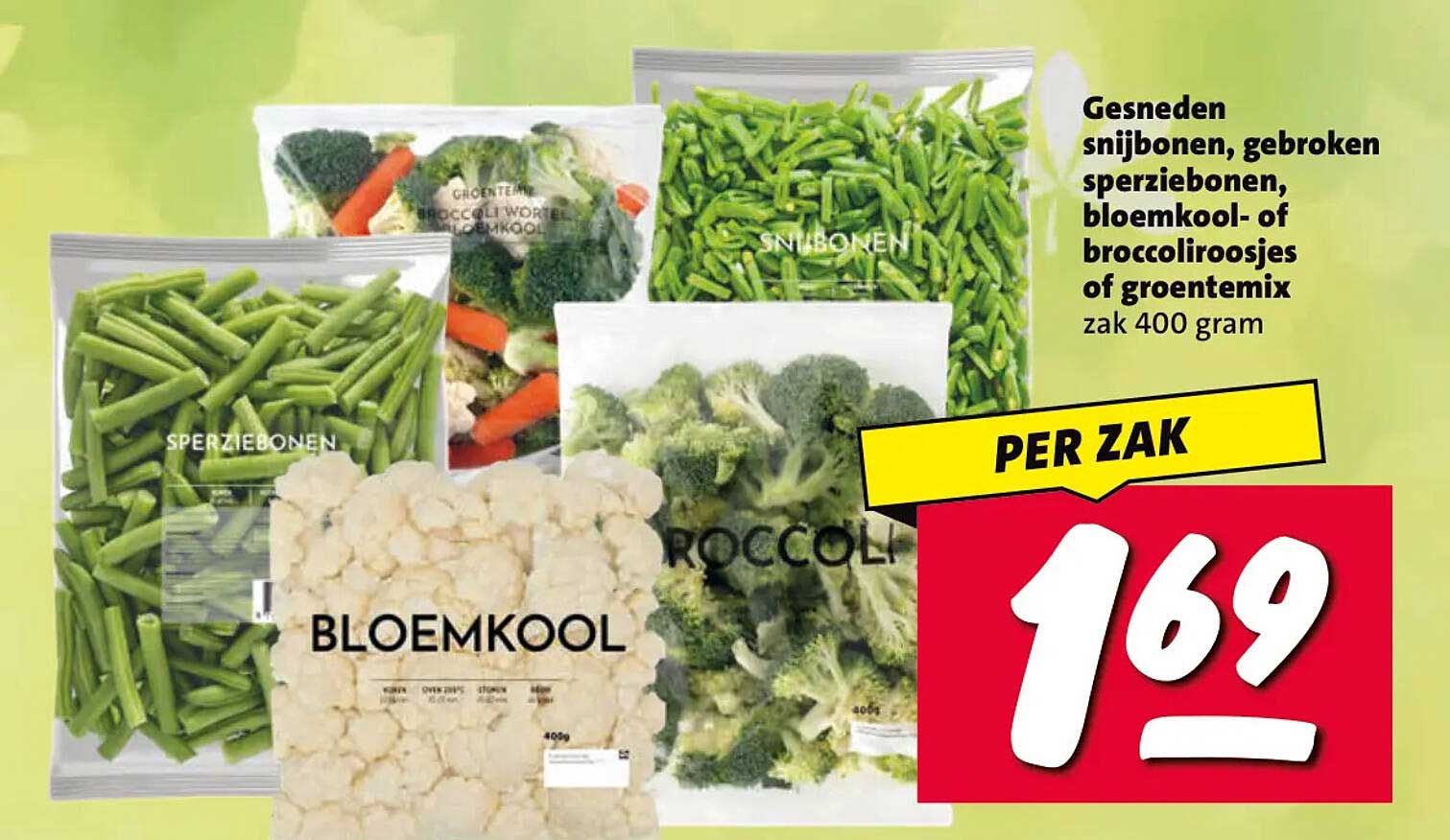 Gesneden snijbonen, gebroken sperziebonen, bloemkool- of broccoliroosjes of groentemix zak 400 gram PER ZAK