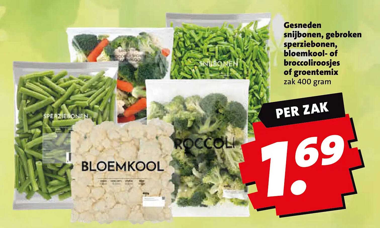 Gesneden snijbonen, gebroken sperziebonen, bloemkool- of broccoliroosjes of groentemix zak 400 gram