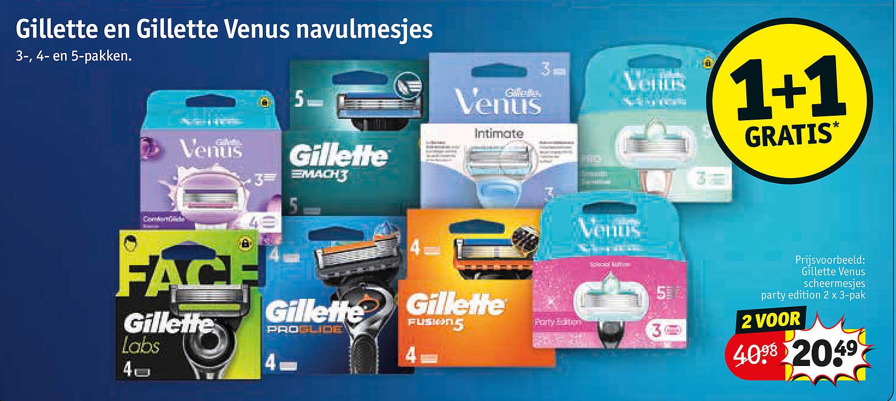 Gillette en Gillette Venus navulmesjes 3-, 4- en 5-pakken 1+1 GRATIS