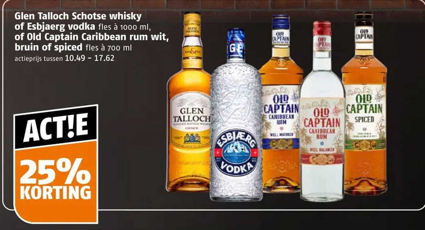 Glen Talloch Schotse whisky of Esbjerg vodka fles à 1000 ml, of Old Captain Caribbean rum wit, bruin of spiced fles à 700 ml 25% korting