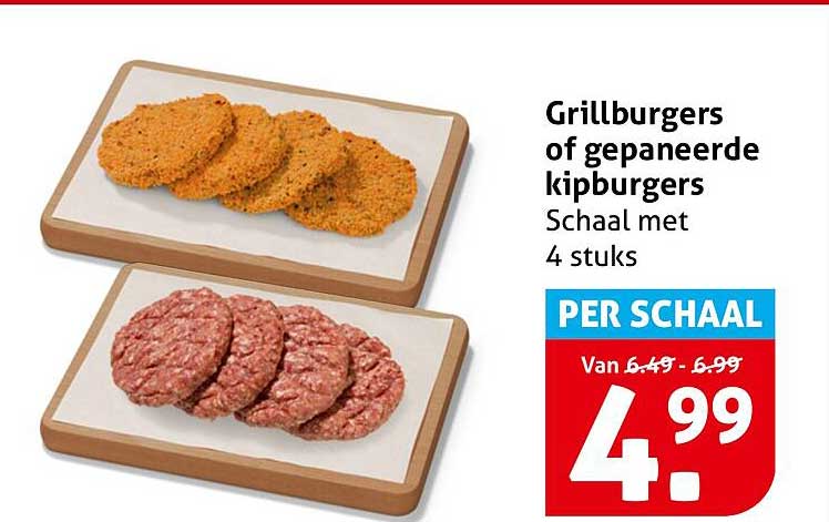 Grillburgers of gepaneerde kipburgers Schaal met 4 stuks PER SCHAAL